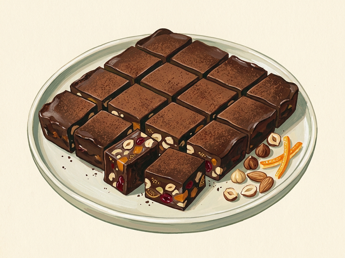 Illustration of Fruit-and-Nut Chocolate Squares, Cut on a Grid