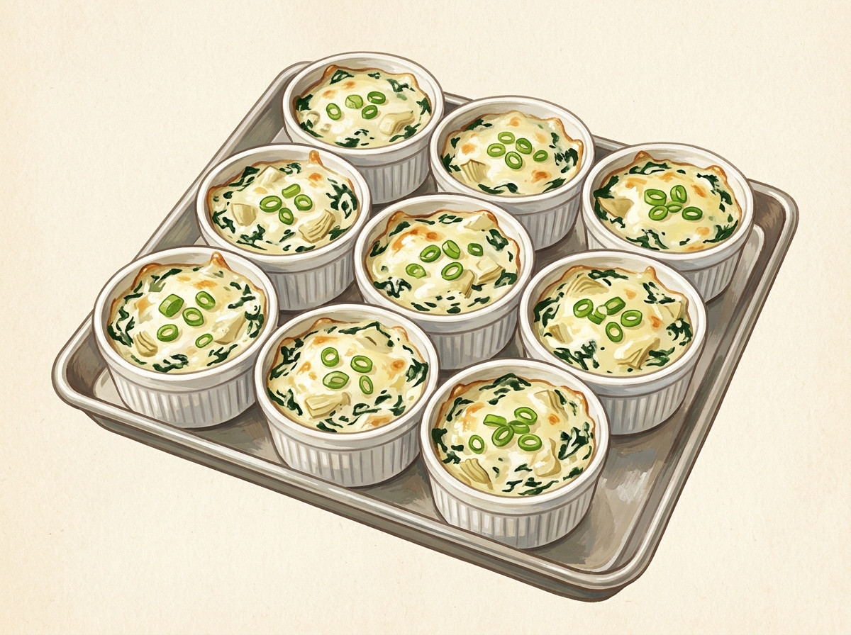 Illustration of Spinach Artichoke Dip in Eight Ramekins