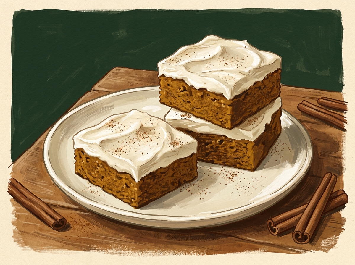 Illustration of Brown Butter Pumpkin Bars with Whipped Cream Cheese Frosting
