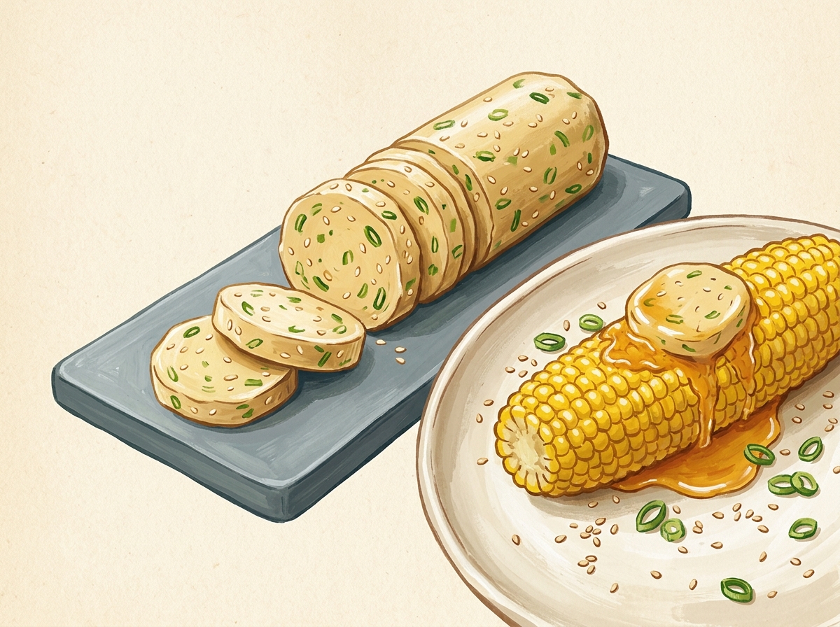 Illustration of Miso & Sesame Brown Butter Log for Corn and Roast Dinners